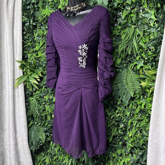 JJ's House Women Dress 6 Purple Formal Short Pleated Stoned Wedding 1658 - Picture 1 of 14
